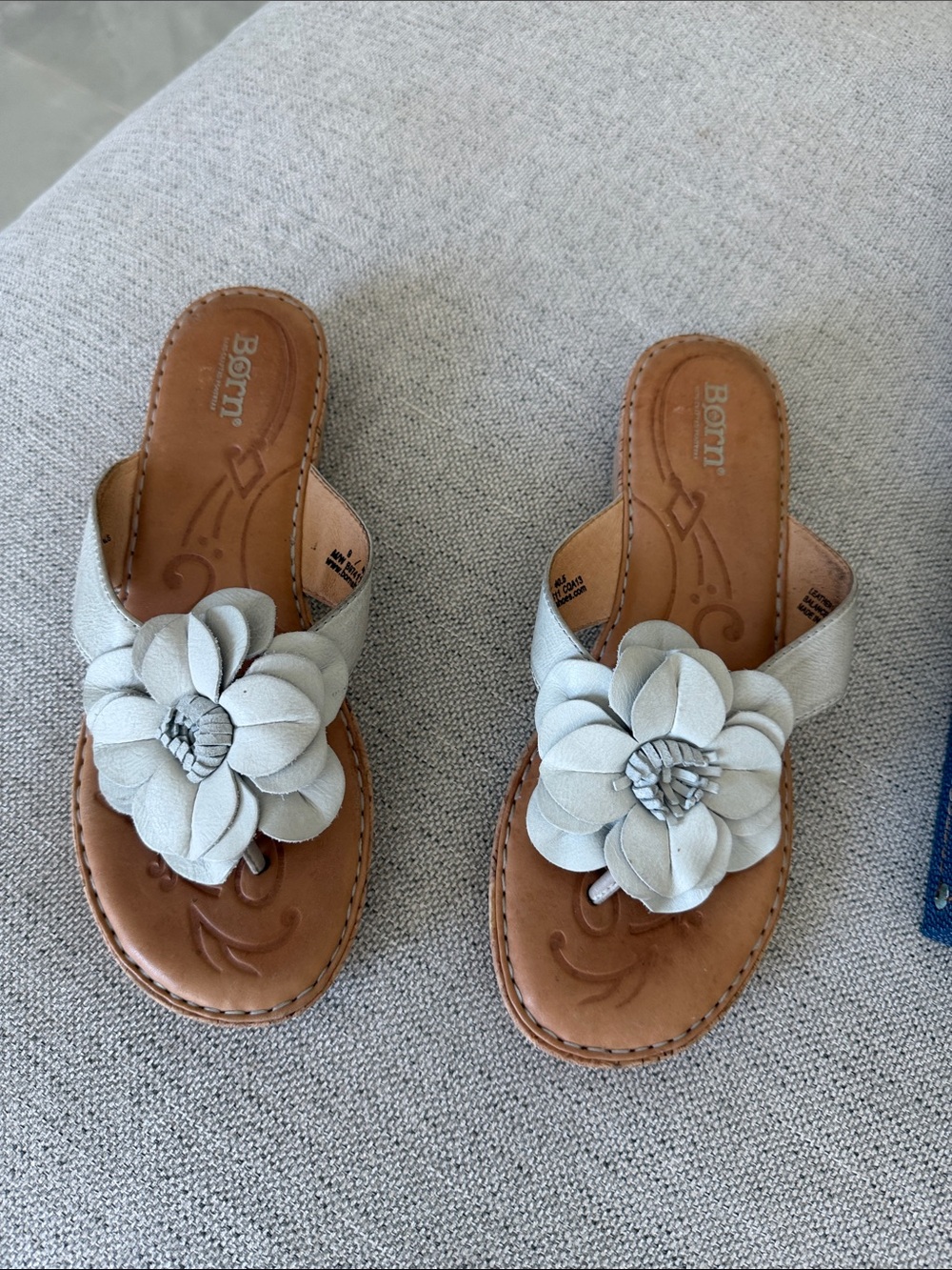 Born  Light Gray Leather Flower Slide Sandals